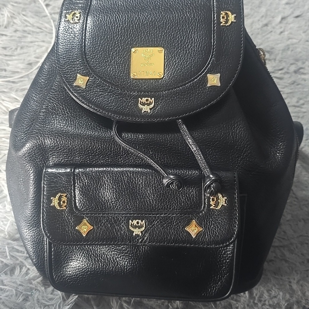 MCM Black Leather Logo Studded Backpack with Gold Hardware comes with COA - Picture 9 of 16